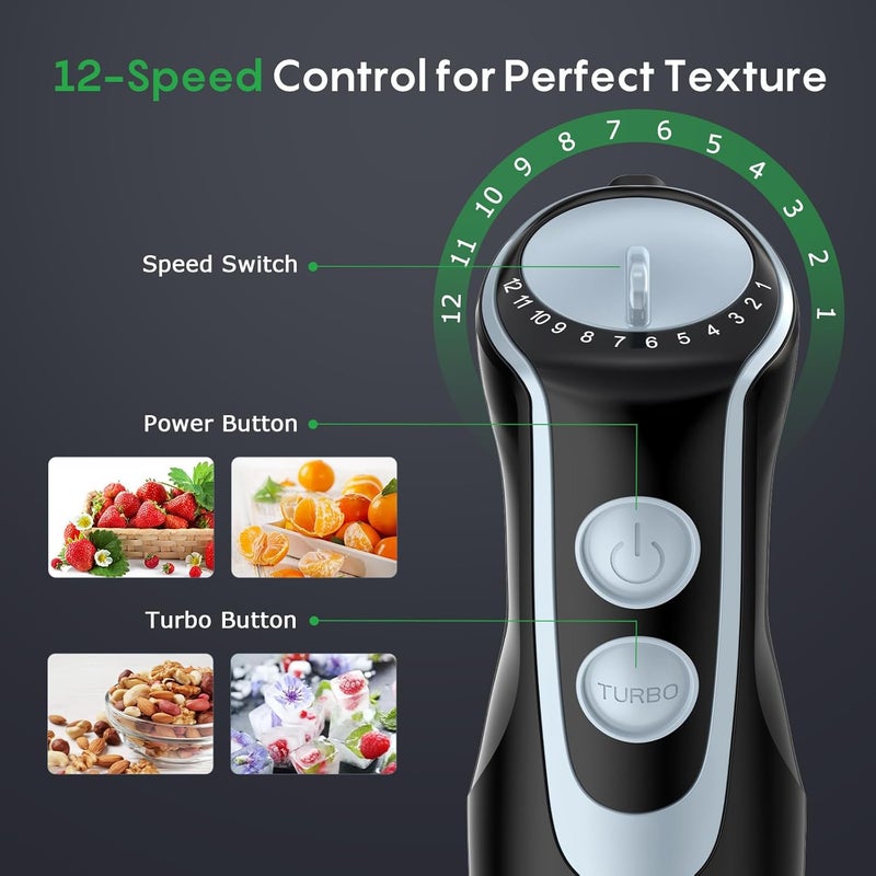 Fresko Immersion Handheld Blender 500W with 700ml Beaker, 12-Speed & Turbo Mode Hand Blender Stick, 304 Stainless Steel Blades for Soup, Smoothie, Puree, Baby Food - Image 3